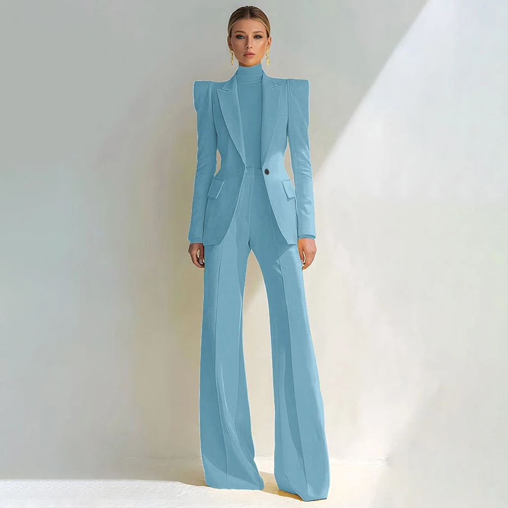 Professional Women's Red Suit Peaked Lapel Single Button Female Elegant Blazer and Flared Pants 2Piece Set Formal Office Wear