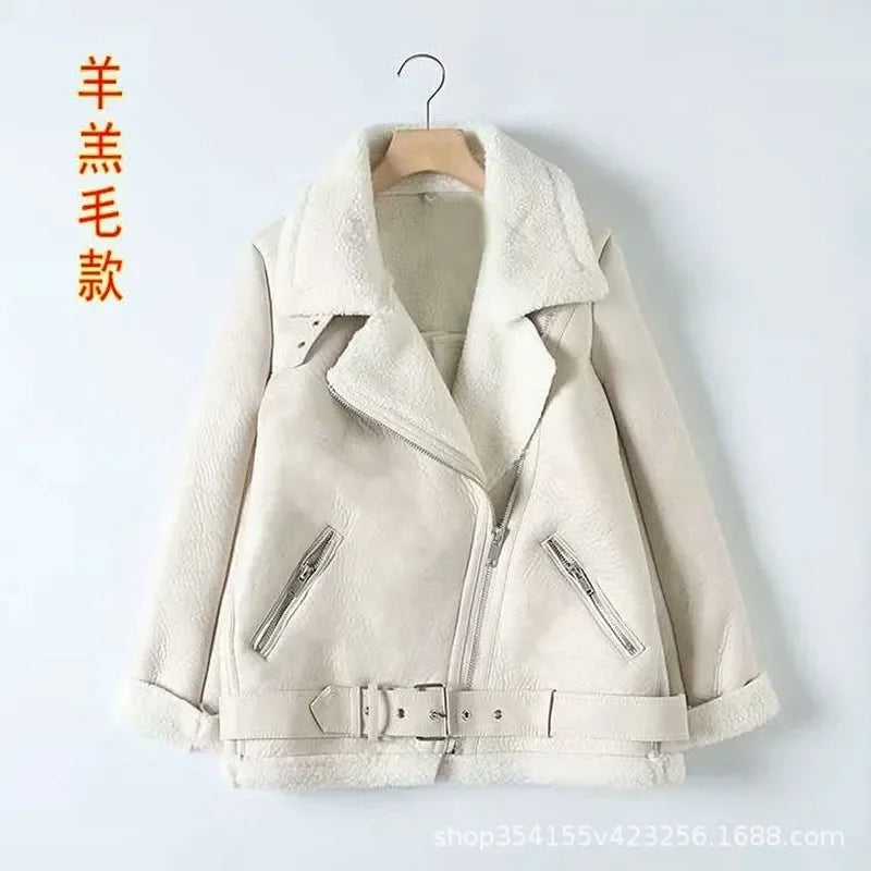 Winter Women Thick PU Leather Warm Suede Lamb Jacket Motorcycle Coats Faux Shearling Biker Sheepskin Leather Jackets Outwear