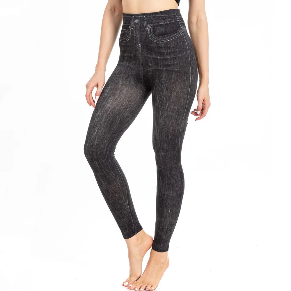 Skinny High Waisted Leggings Women Imitation Jeans Yoga Pants Fashion Printed Elastic Shapewear Fitness Jogging Cycling Tights