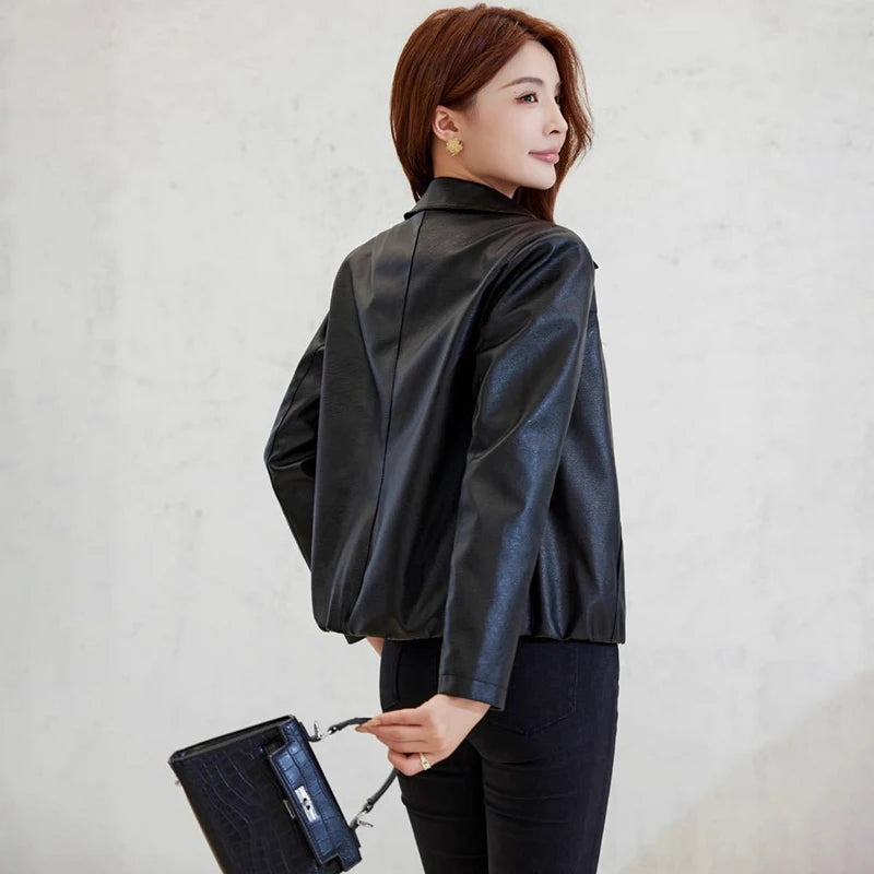 Korean Temperament Faux Leather Jacket Women Spring Autumn Thin Soft Leather Coat Woman Office Lady Single Breasted Lapel Jacket