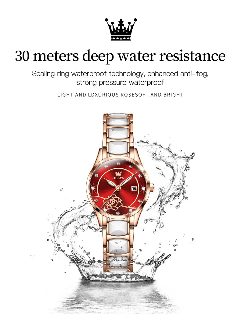 OLEVS 3606 Women's Watch Luxury Quartz Japanese Movement Watch Exquisite Rose Waterproof dial Elegant Ceramic Women's Watch
