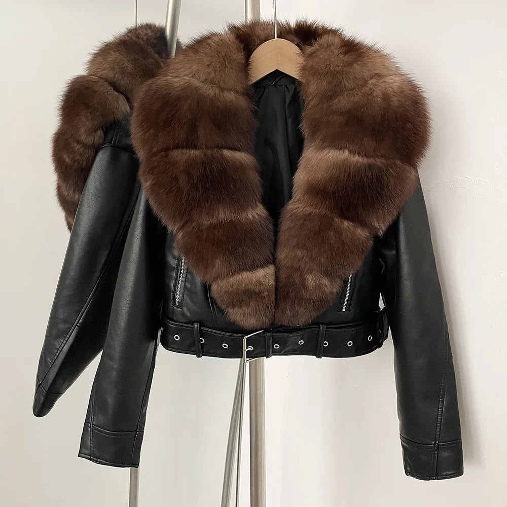 Natural Fox Fur Real Fur Coat Faux PU Leather Jacket Female New Autumn Short Top Clothing Women Long Sleeve Fake Leather Coat