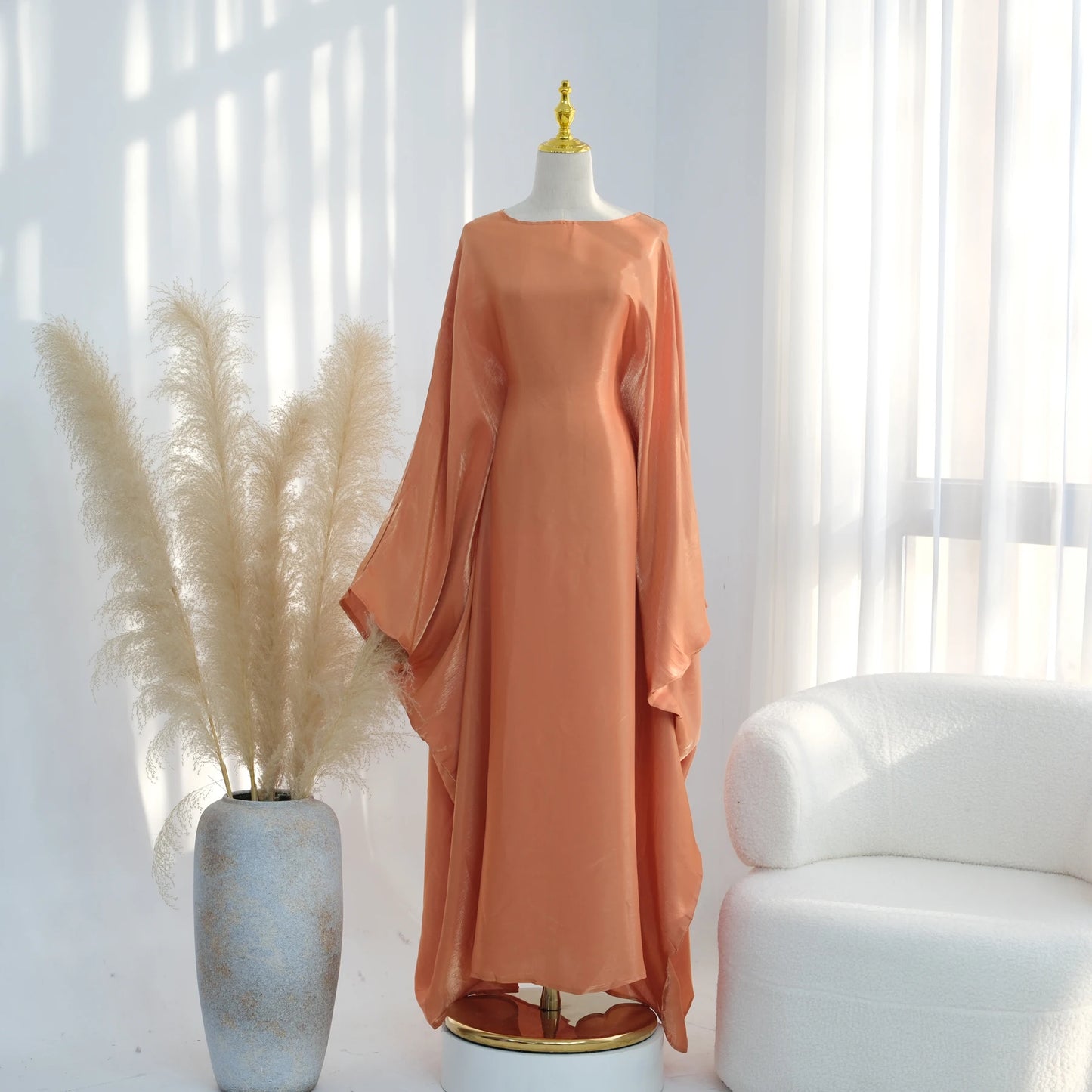 Ramadan Eid Evening Party Shiny Kaftan Dress for Women, Butterfly Sleeves Round Neck Muslim Women Abaya Dubai Islamic Clothing