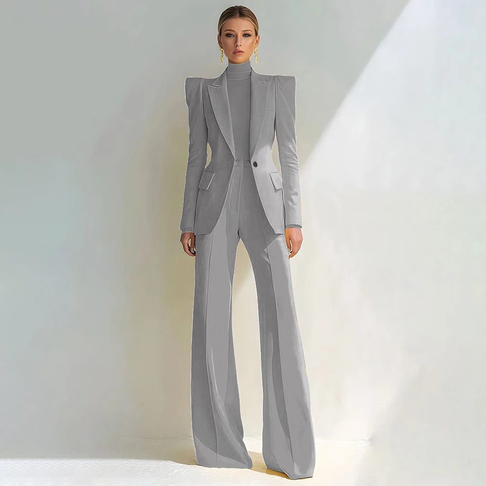 Professional Women's Red Suit Peaked Lapel Single Button Female Elegant Blazer and Flared Pants 2Piece Set Formal Office Wear