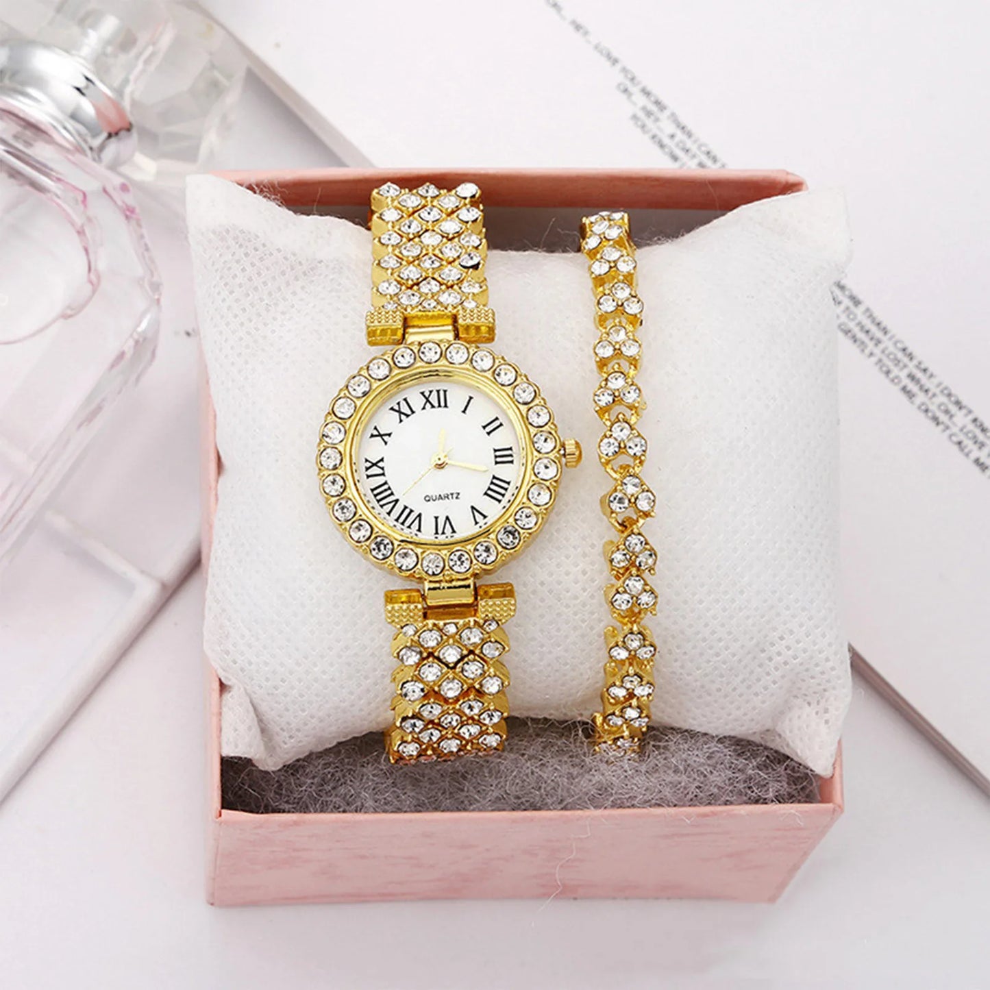Rose Gold Watch Luxury Rhinestone Fashion Women Ladies Quartz 2pcs Elegant Diamond Wristwatch Female Bracelet Set Gift Watches