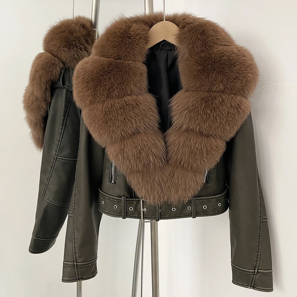 Natural Fox Fur Real Fur Coat Faux PU Leather Jacket Female New Autumn Short Top Clothing Women Long Sleeve Fake Leather Coat