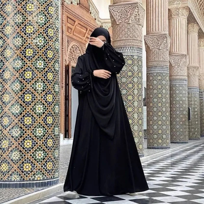 New solid color women's robe pearl sleeve dress, two-piece long headscarf P555