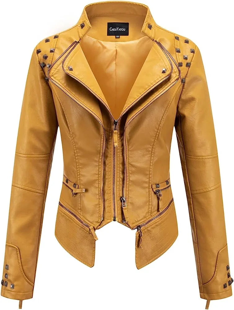Spring New Style Suit Collar Rivet Waist Short Washed Pu Leather Jacket
