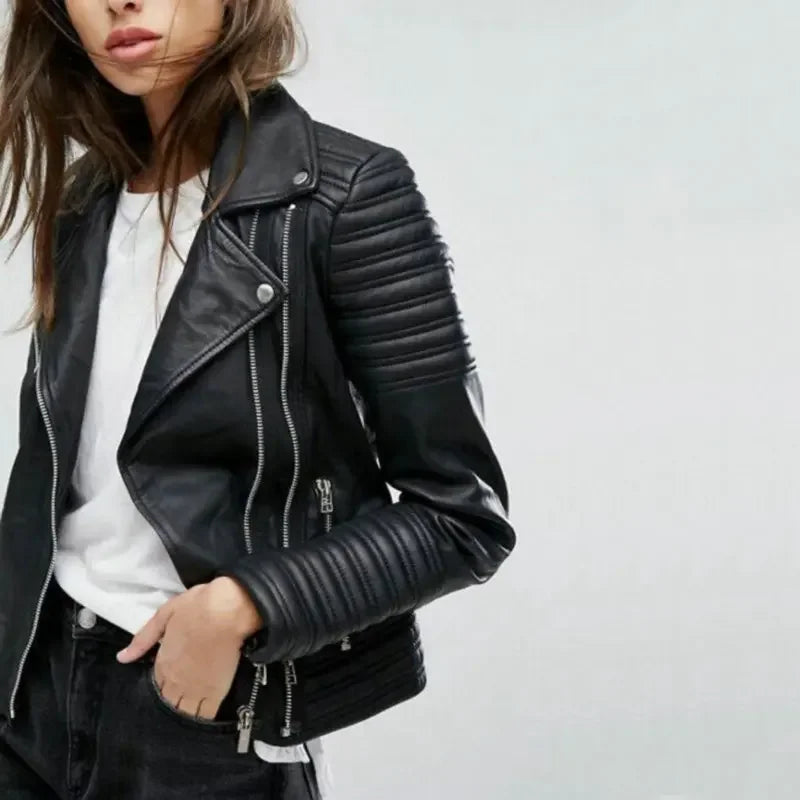 Customizable 2024 New UZZDSS Women Soft Motorcycle Faux Leather Jackets Ladies Long Sleeve Autumn Winter Biker Streetwear Coat