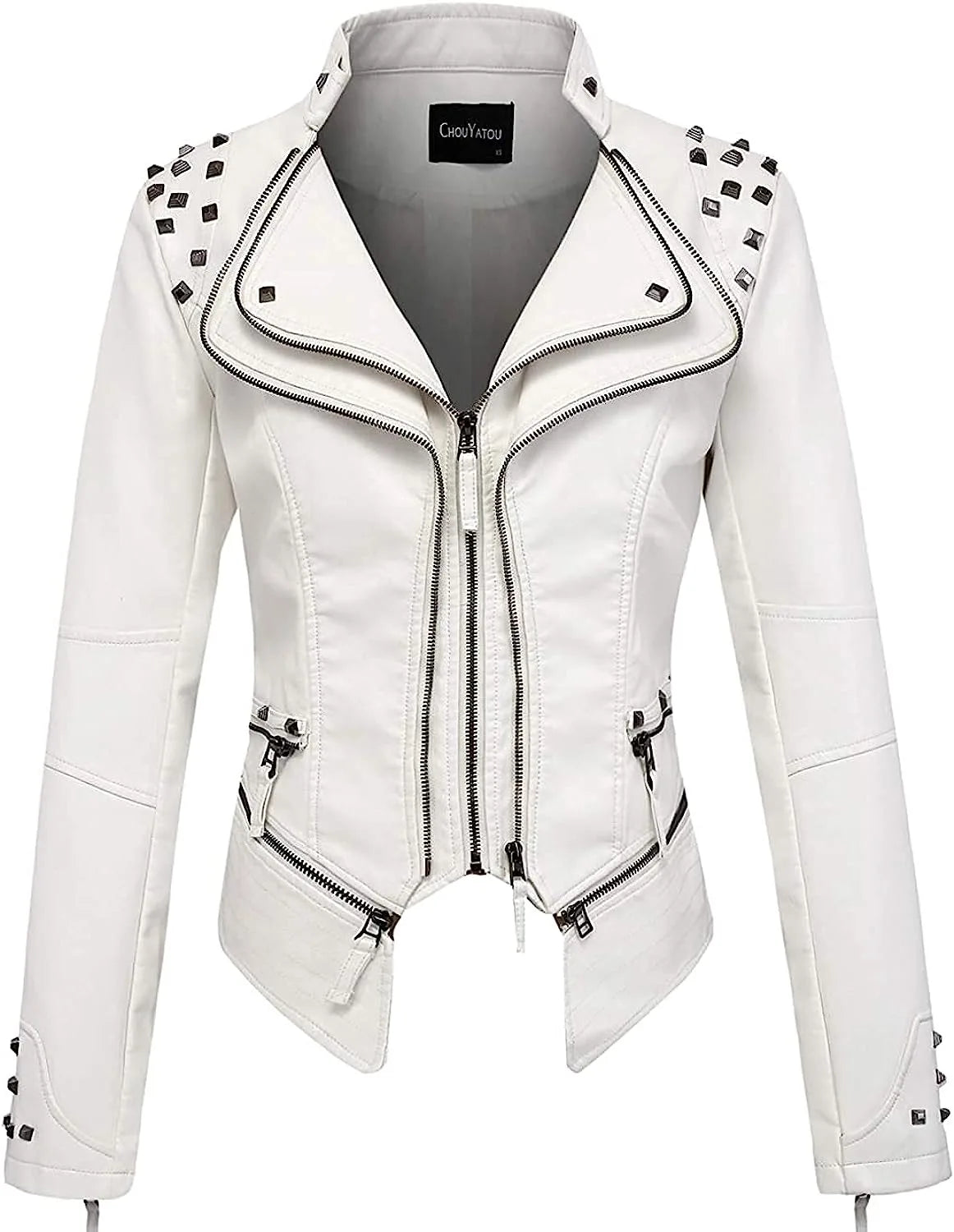 Spring New Style Suit Collar Rivet Waist Short Washed Pu Leather Jacket