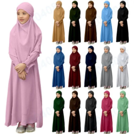 Eid Kids Hijab Hooded Bat Sleeve Dress Fashion Casual Children Wear Jilbab Islam Muslim Ramadan Dubai Turkey Abaya Modest Outfit
