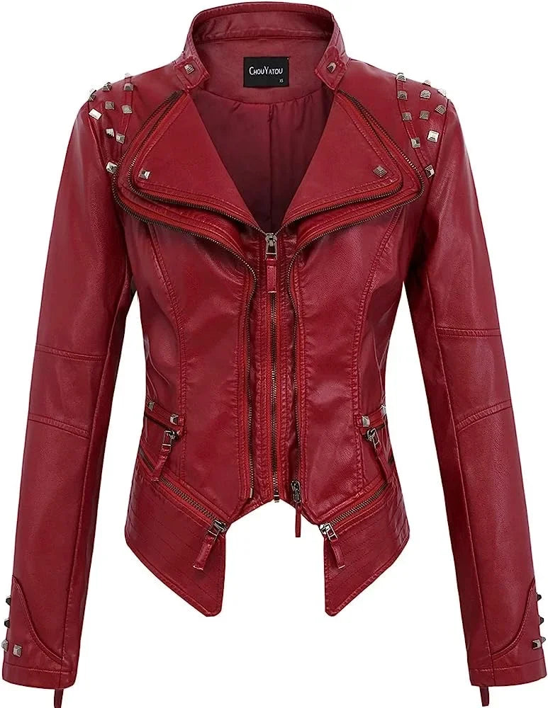Spring New Style Suit Collar Rivet Waist Short Washed Pu Leather Jacket