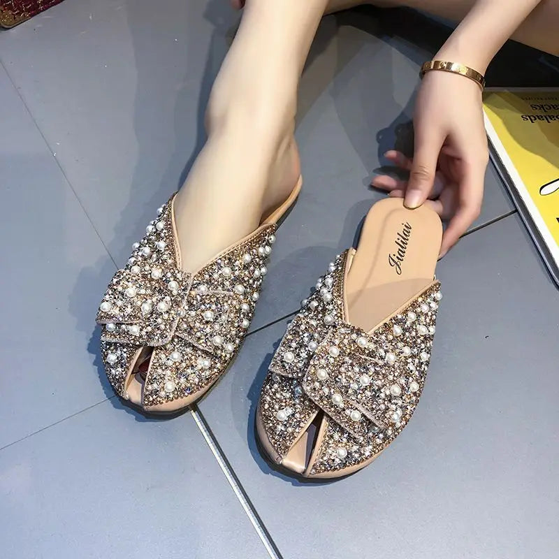 New Summer Women Crystal Slippers 2025 Girls Sweet Bows Bling Slippers Closed Toe Slip On Mules Shoes Casual Slides Flip Flop