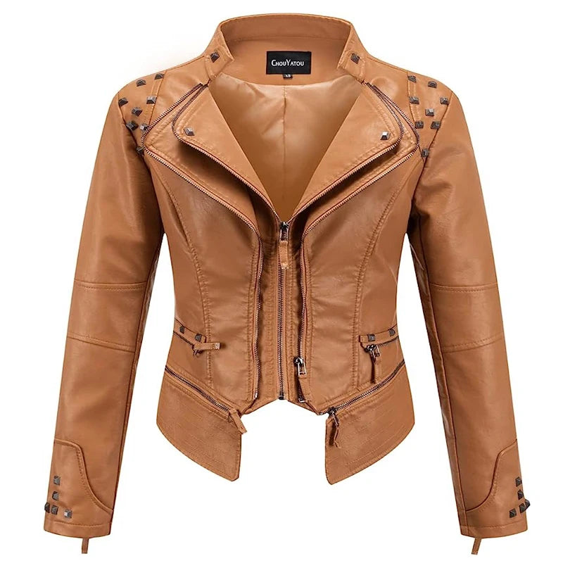 Spring New Style Suit Collar Rivet Waist Short Washed Pu Leather Jacket