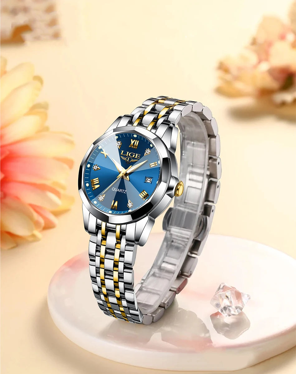 LIGE 2026 Women's Watch Luxury Gift quartz wristwatch Waterproof Calendar Stainless Steel Ladies Luminous Clock montre femme+BOX