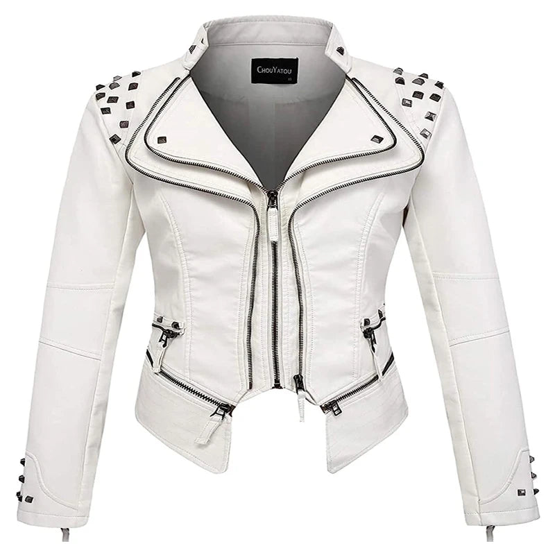 Spring New Style Suit Collar Rivet Waist Short Washed Pu Leather Jacket