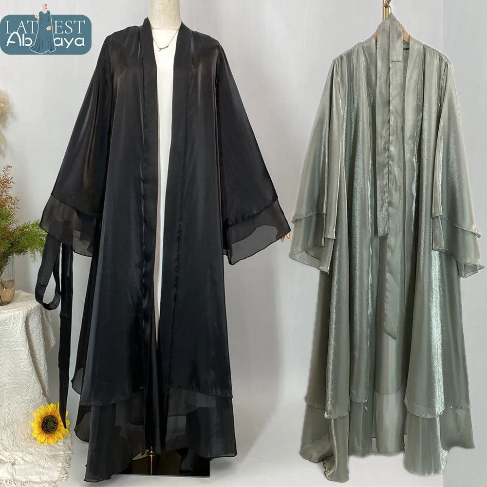 Muslim Women Clothing Abaya Dubai Luxury Shiny Silk Loose Sleeves Islam Modesty Robe Elegant Black Kaftan With Belt Kebaya