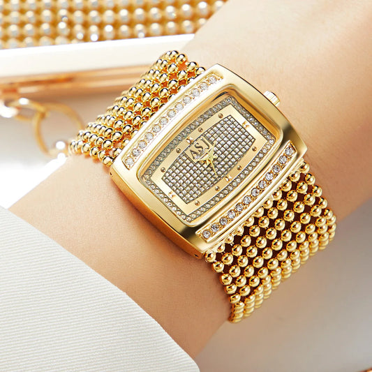 Luxury Gold Diamond Watch for Women Big Dial Waterproof Top Brand Original Dress Quartz Ladies Wristwatch