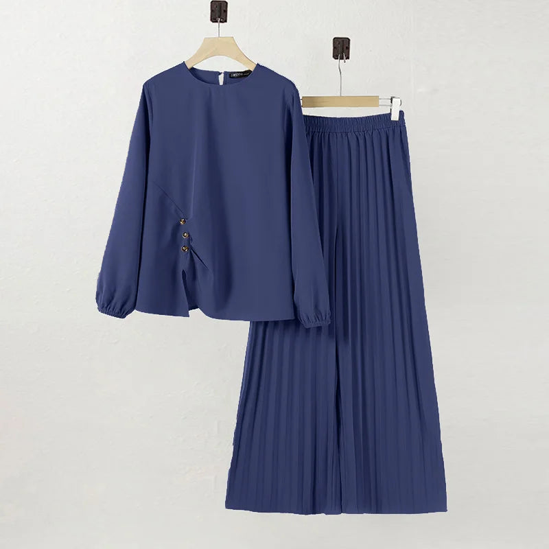 ZANZEA Women 2025 Autumn Matching Sets Casual Long Sleeve Tops Trousers Suit Muslim Outfits 2 Pieces Sets Solid Loose Tracksuit