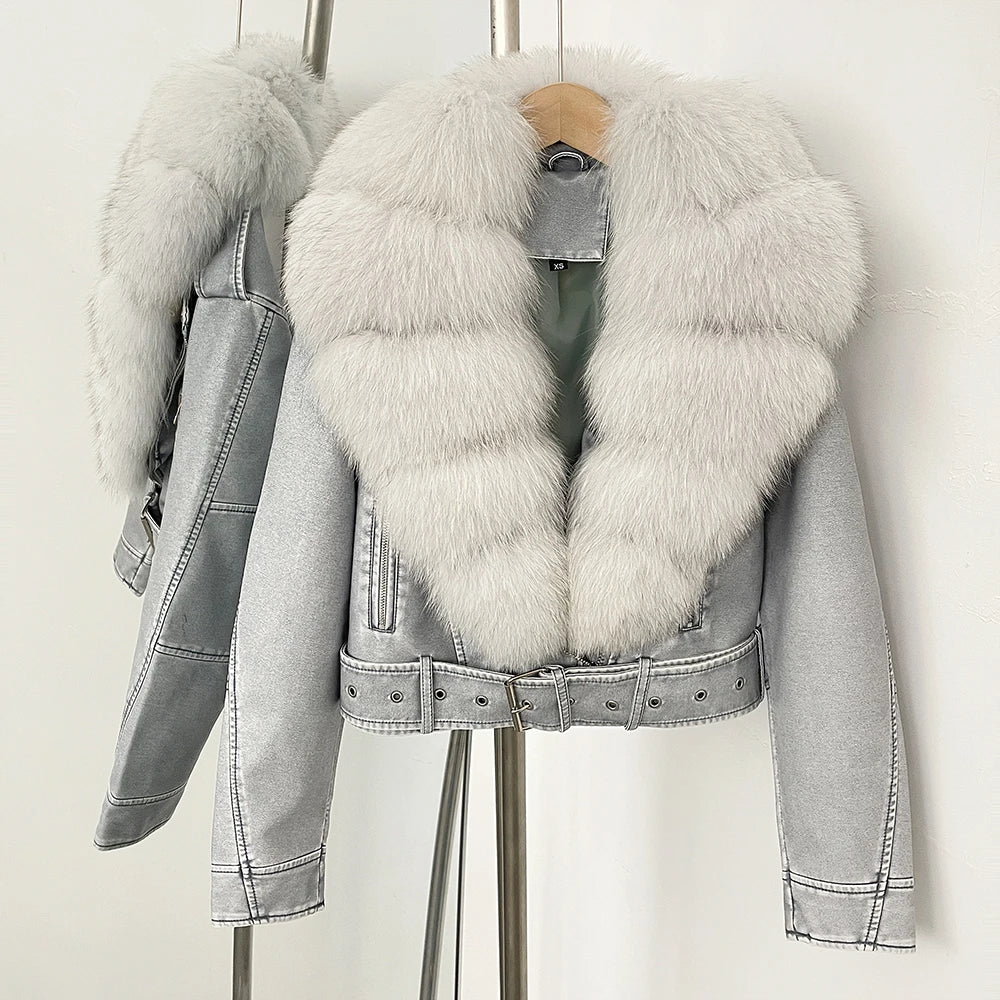 Natural Fox Fur Real Fur Coat Faux PU Leather Jacket Female New Autumn Short Top Clothing Women Long Sleeve Fake Leather Coat