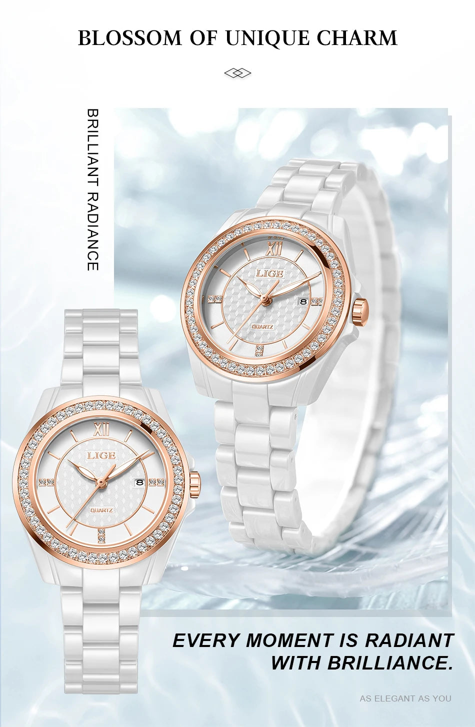 LIGE Luxury Woman Watch Waterproof Fashion Quartz Ladies Wristwatch Date Week Full Ceramic Women's Watches Relojs+GIFT Box