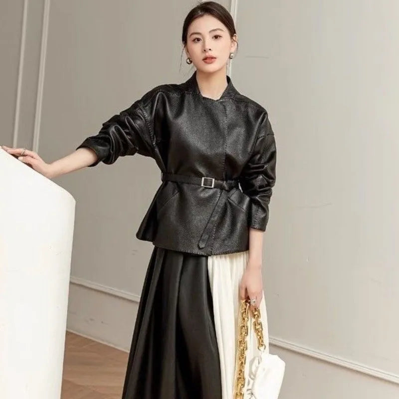 Women's Spring Autumn Leather Jacket Belt Short Tops Zipper Coats Loose Retro Fashion Design Sense Leisure Simple Brand Soft