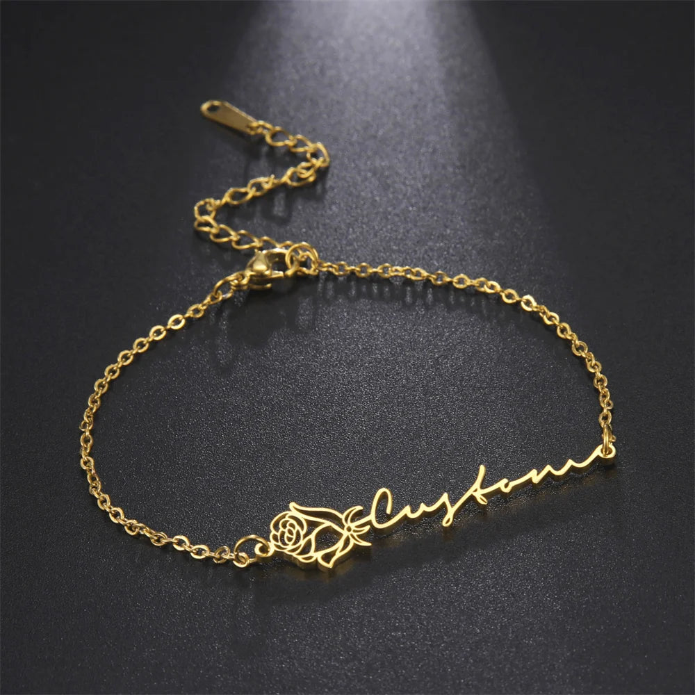 Lemegeton Custom Birth Flower Name Bracelets For Women Personalized Stainless Steel Rose Bracelet Jewelry Valentine’s Day Gifts