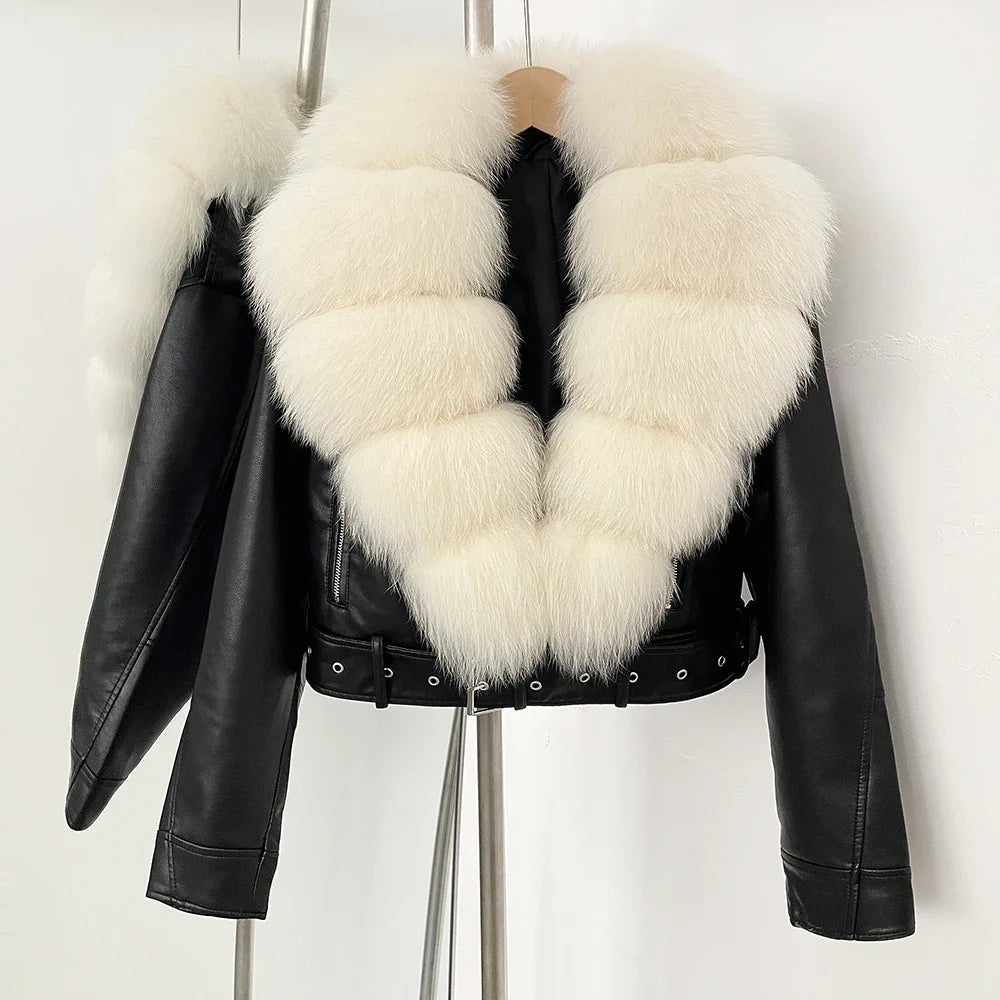 Natural Fox Fur Real Fur Coat Faux PU Leather Jacket Female New Autumn Short Top Clothing Women Long Sleeve Fake Leather Coat