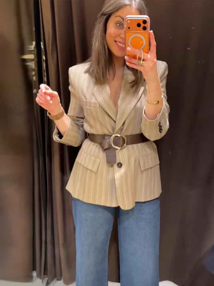 Women's Striped Blazer Belted Single Breasted Long Sleeve Lapel Neck Coat 2026 Female Casual Daily Commute Office Fashion Jacket