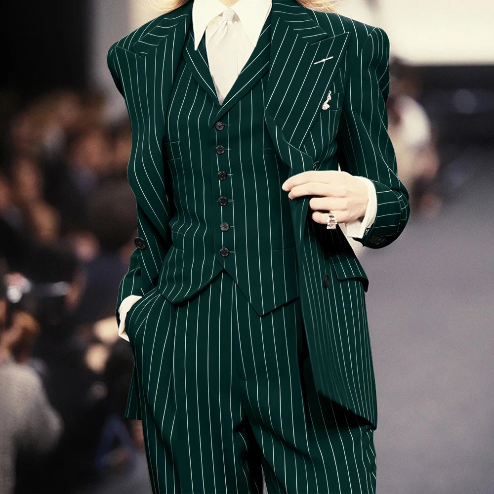 Trending 2025 Brown Striped Women Suit Formal Double-breasted Peaked Lapel 3Pieces (Jacket+Pants+Vest) Business Office Lady Set