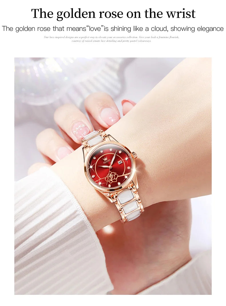 OLEVS 3606 Women's Watch Luxury Quartz Japanese Movement Watch Exquisite Rose Waterproof dial Elegant Ceramic Women's Watch