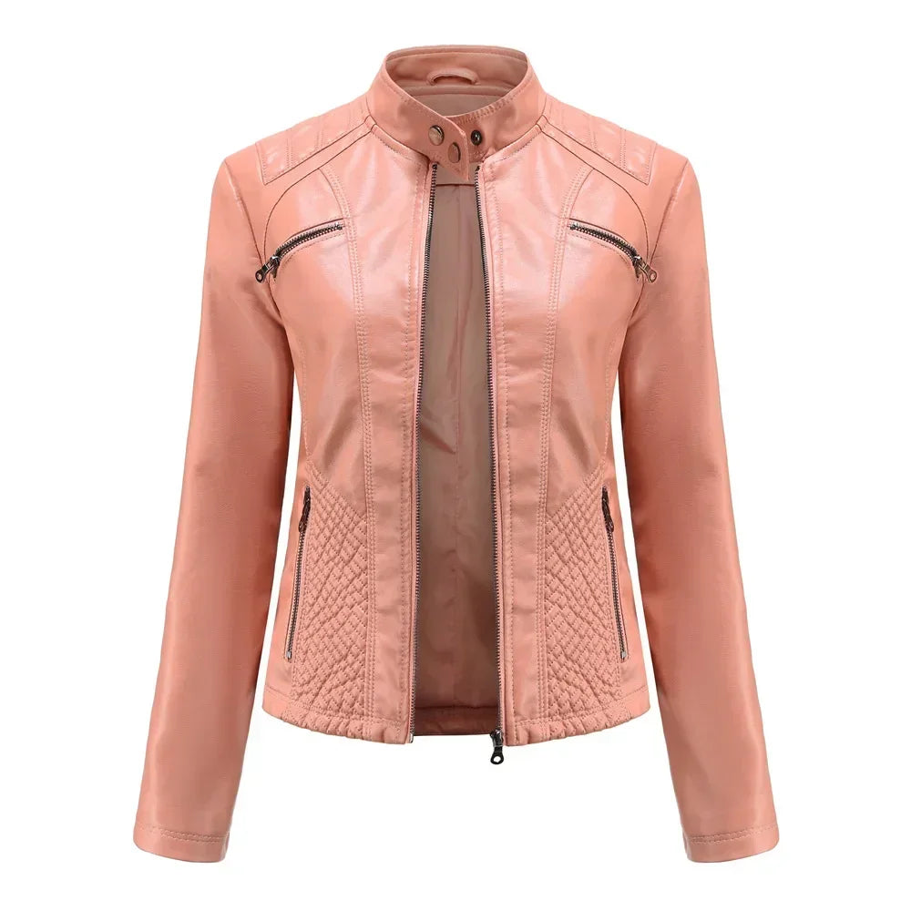 Women coat Autumn New Casual Leather Jacket Standing Collar Long Sleeve Jacket Slim Solid Color Coat Streetwear Zipper Jacket