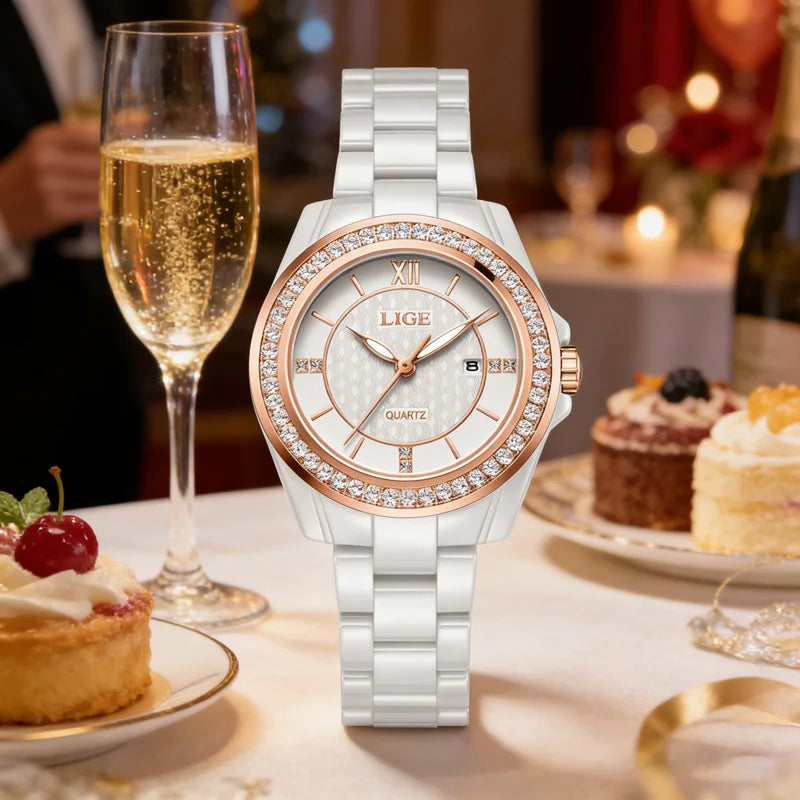 LIGE Luxury Woman Watch Waterproof Fashion Quartz Ladies Wristwatch Date Week Full Ceramic Women's Watches Relojs+GIFT Box