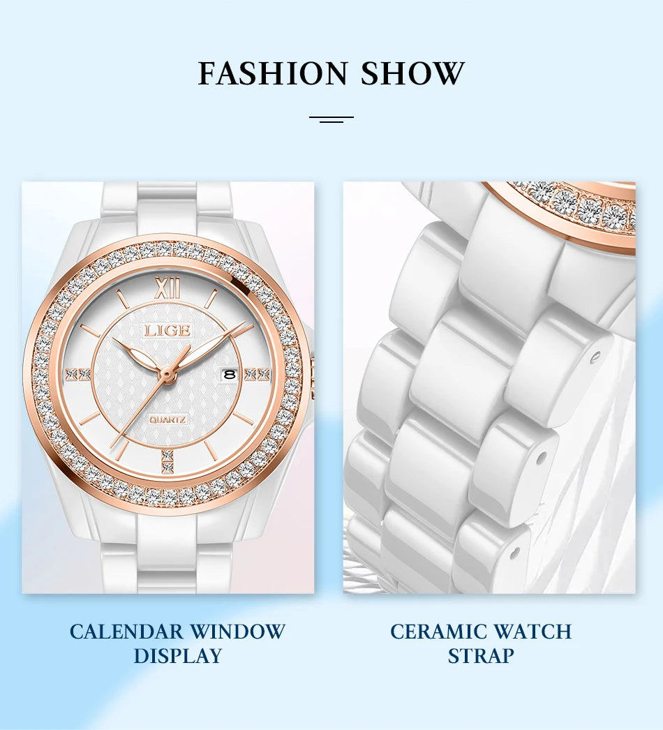 LIGE Luxury Woman Watch Waterproof Fashion Quartz Ladies Wristwatch Date Week Full Ceramic Women's Watches Relojs+GIFT Box