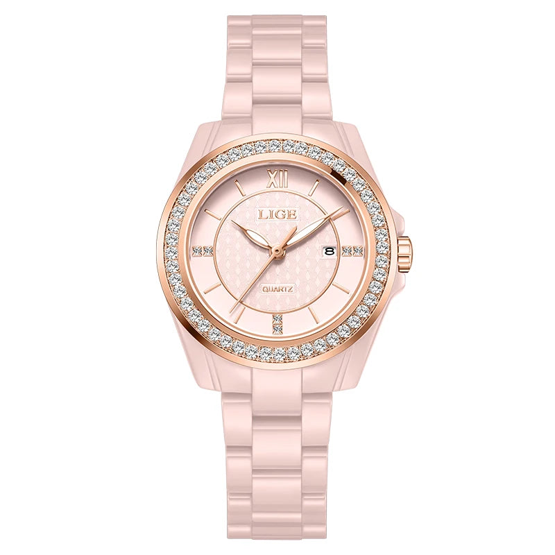 LIGE Luxury Woman Watch Waterproof Fashion Quartz Ladies Wristwatch Date Week Full Ceramic Women's Watches Relojs+GIFT Box