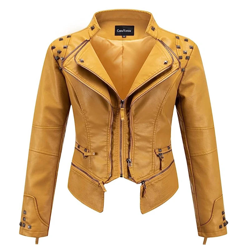Spring New Style Suit Collar Rivet Waist Short Washed Pu Leather Jacket