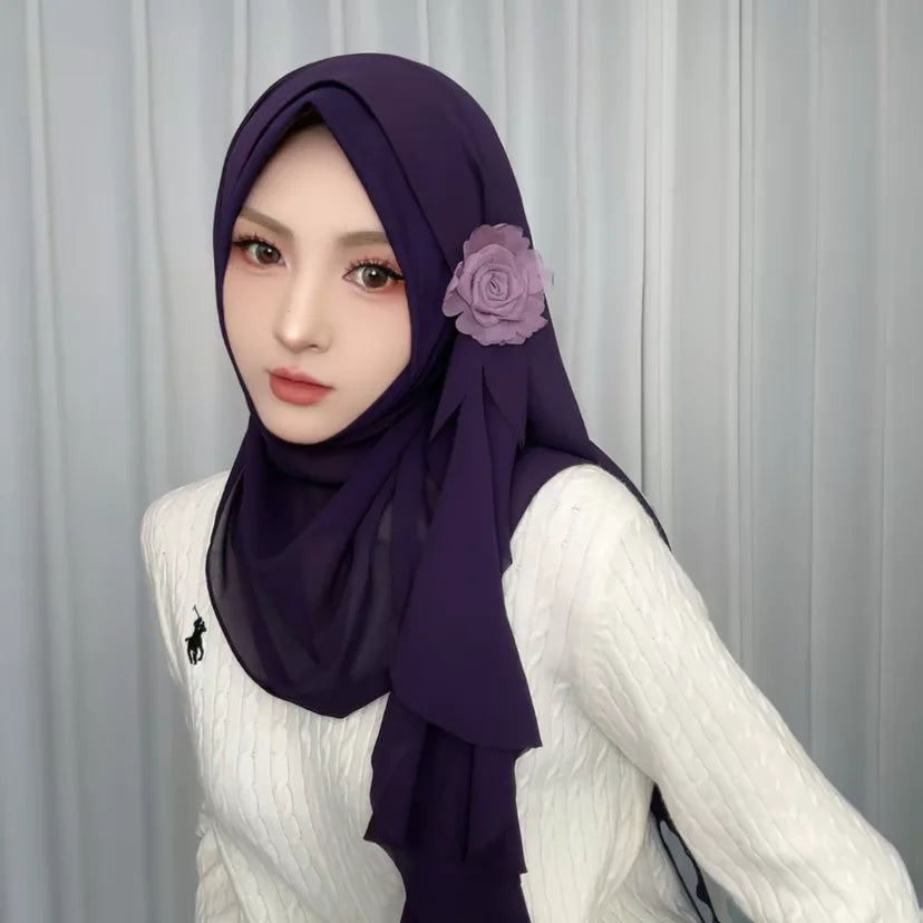 Rose Applique Design Chiffon Muslim Autumn New Female Wraps Hijab