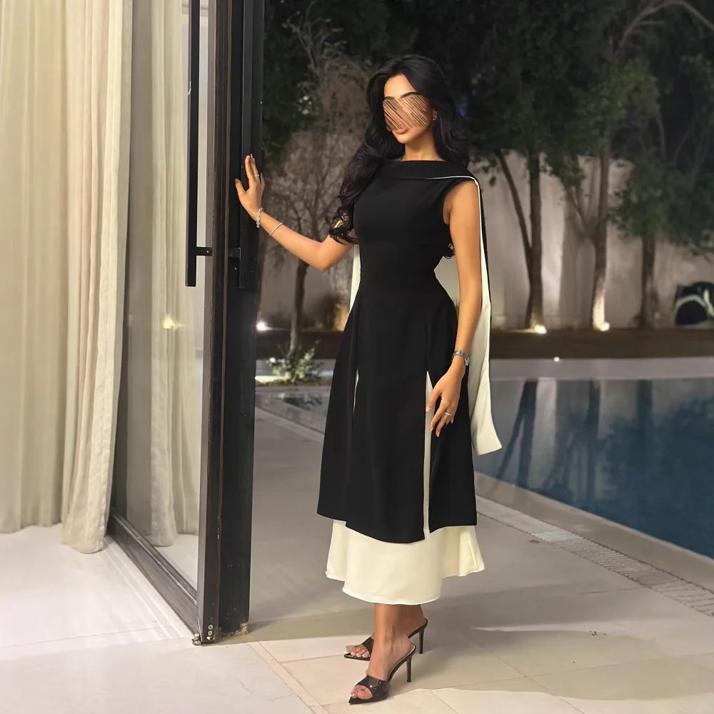 Hot Sale O Neck Stunning Muslim A Line Evening Dress Dancing Party Women With Cape Sleeves Cocktail Vintage Gown Fast Shipping
