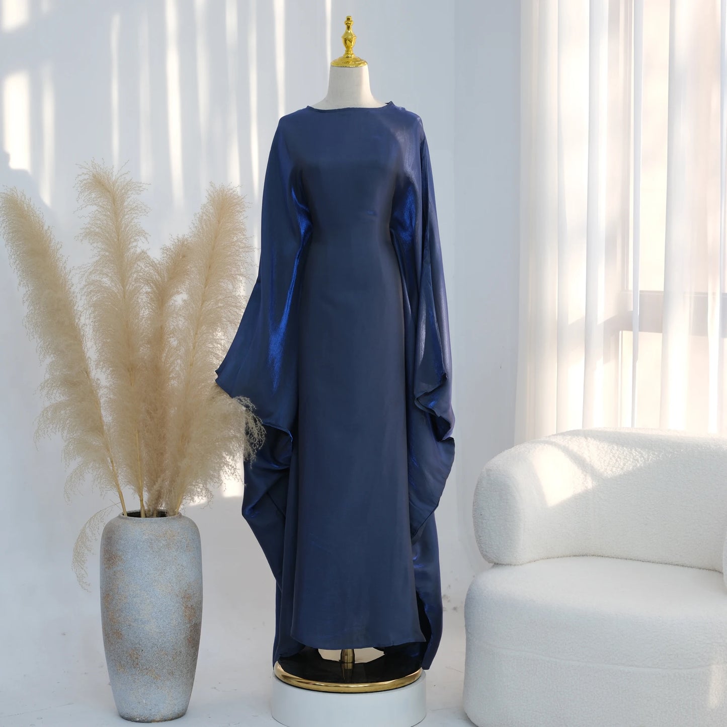 Ramadan Eid Evening Party Shiny Kaftan Dress for Women, Butterfly Sleeves Round Neck Muslim Women Abaya Dubai Islamic Clothing