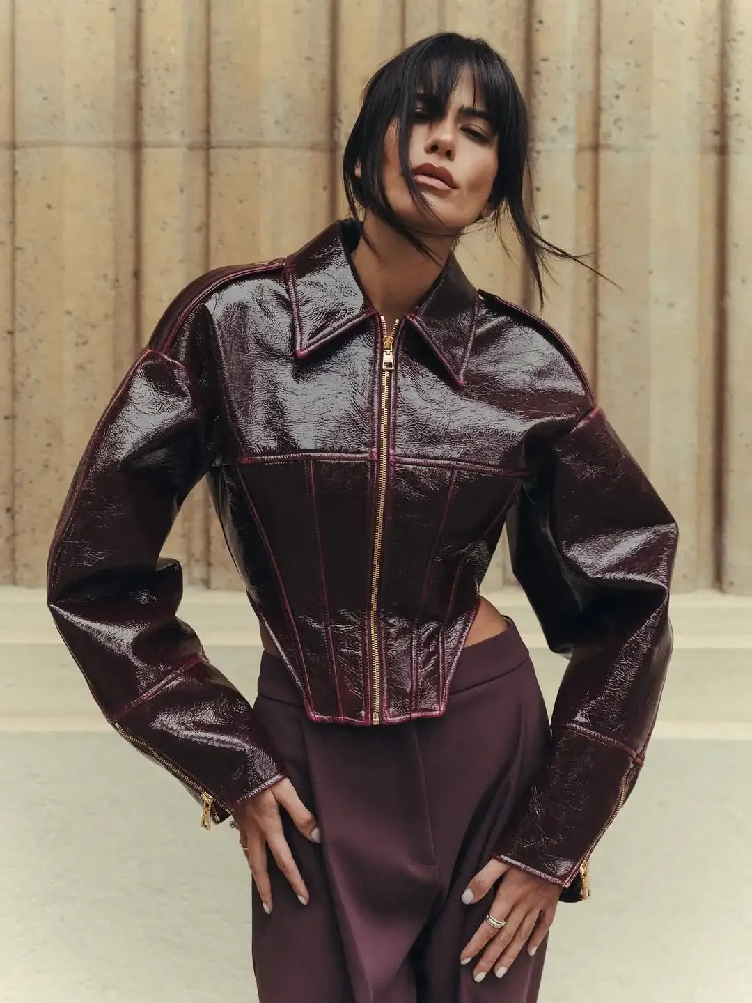 Women Retro Coated Cinched-waist Leather Jacket Lady Casual Lapel Full Sleeve Zipper Fishbone Coat 2026 Spring Daily Street Wear