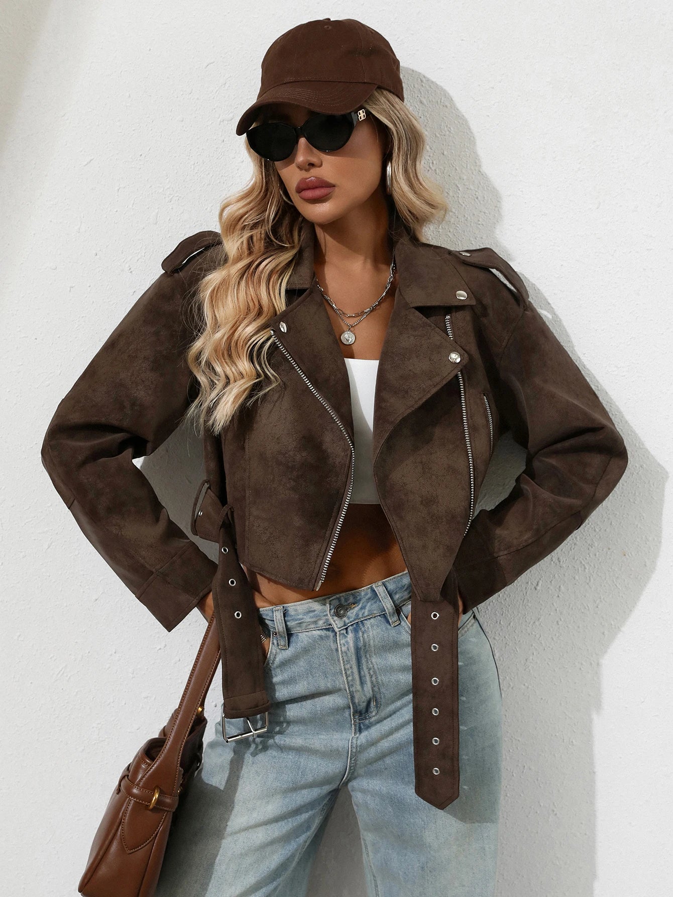 Women Faux Suede Leather Cropped Jacket Vegan Motor Biker Coat Bomber Causal Outwear with Belt