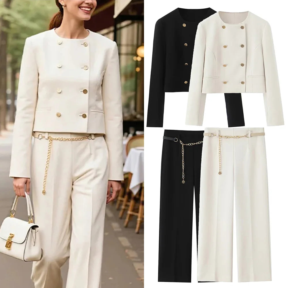 EDSA Women Cropped Pants Set Double Breasted Blazer Jacket High Waist Straigh Leg Long Pants for Office Lady Suits