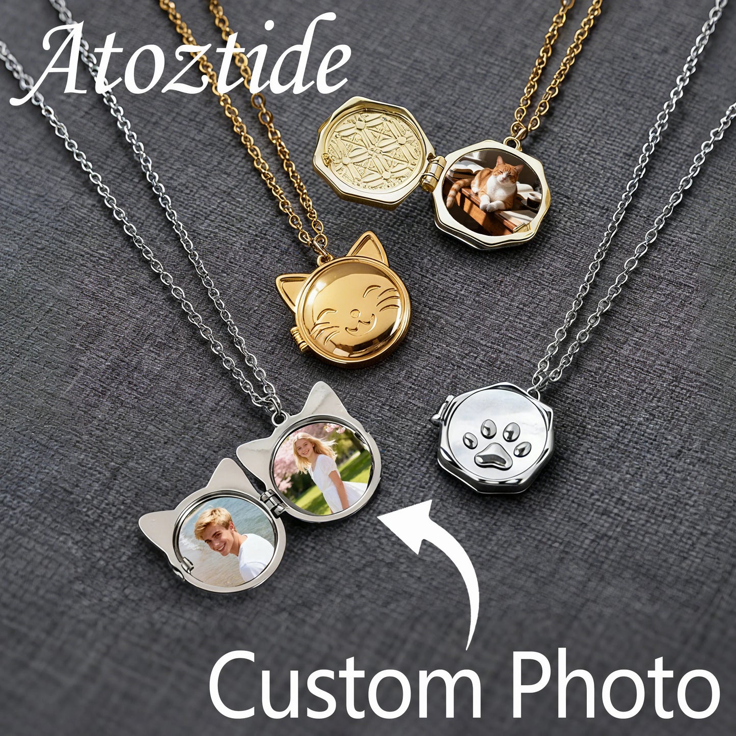 Atoztide Custom Photo Album Necklace For Women Alloy Copper Cat Dog Heart Pendant Picture Locket Personalized Anniversary Gift