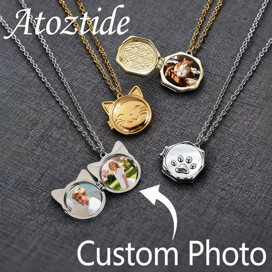 Atoztide Custom Photo Album Necklace For Women Alloy Copper Cat Dog Heart Pendant Picture Locket Personalized Anniversary Gift