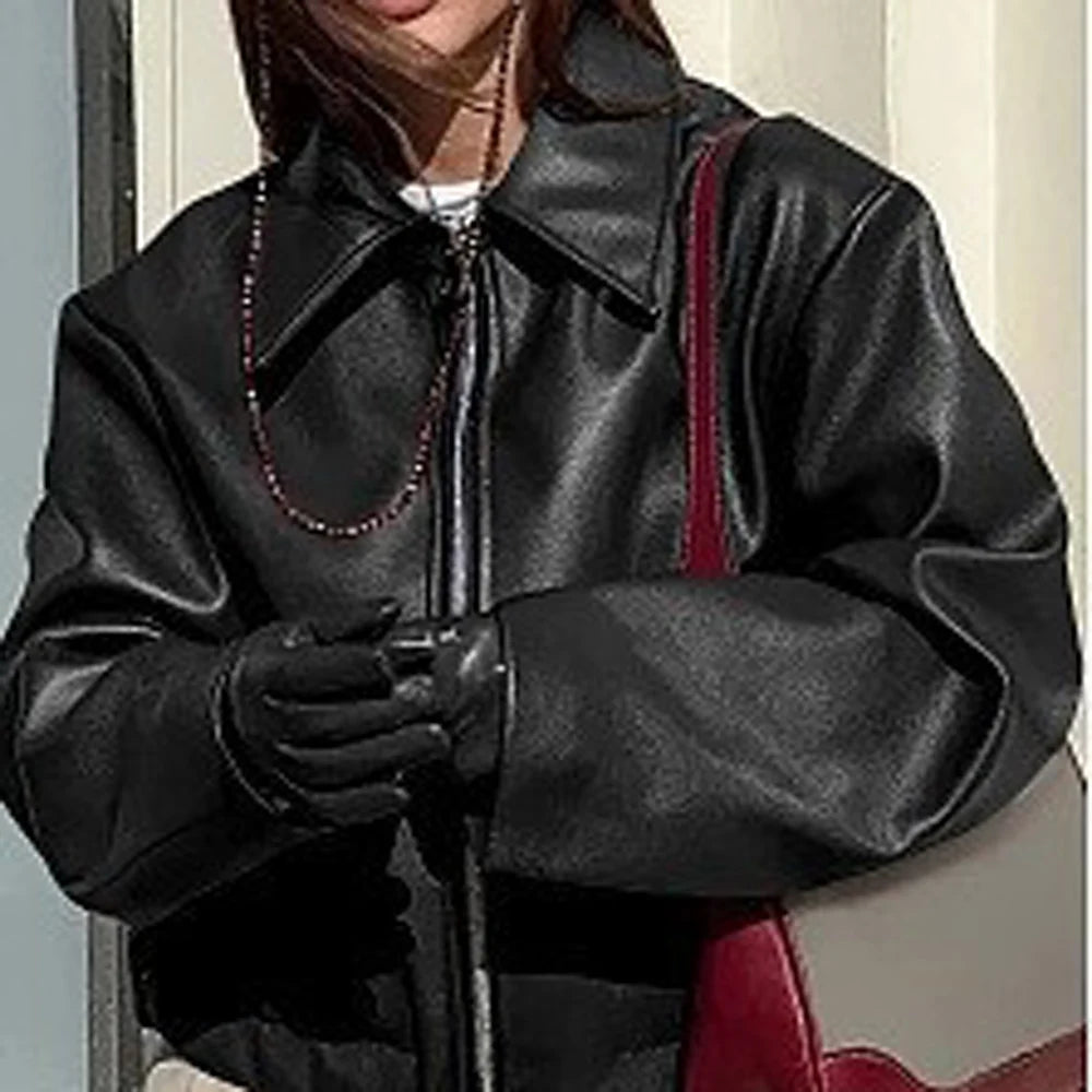 Autumn Women Casual Loose Motorcycle Jacket Turn Down Collar Long Sleeve PU Leather Zip Bomber Coats FYY-500