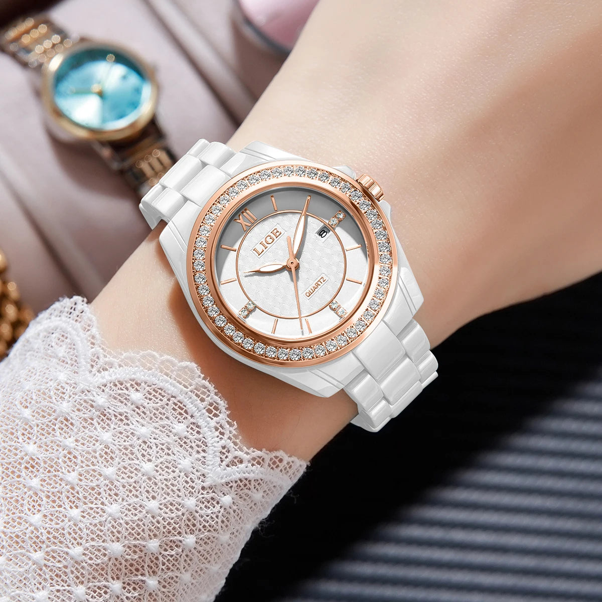 LIGE Luxury Woman Watch Waterproof Fashion Quartz Ladies Wristwatch Date Week Full Ceramic Women's Watches Relojs+GIFT Box