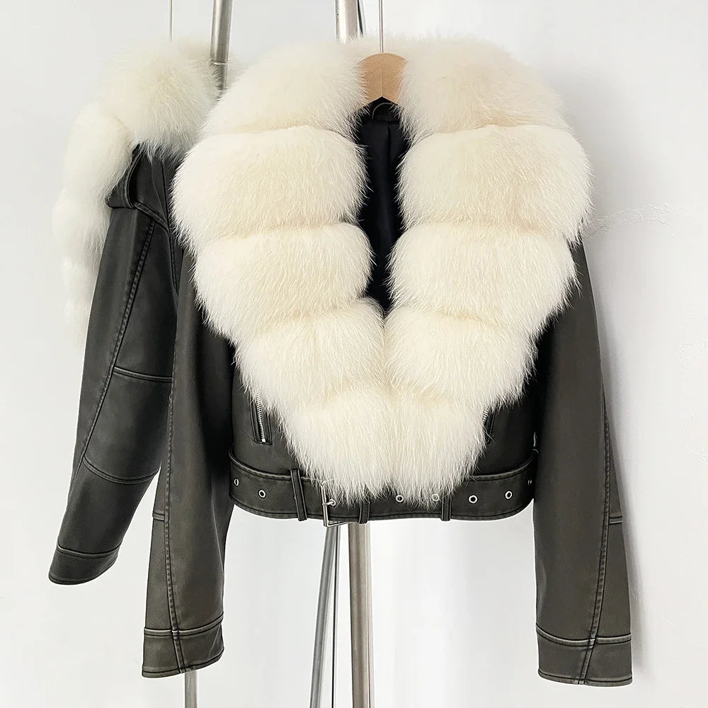 Natural Fox Fur Real Fur Coat Faux PU Leather Jacket Female New Autumn Short Top Clothing Women Long Sleeve Fake Leather Coat