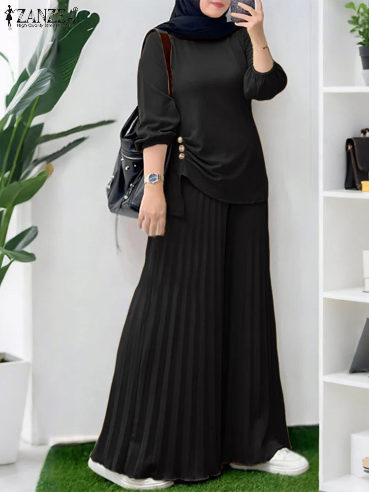 ZANZEA Women 2025 Autumn Matching Sets Casual Long Sleeve Tops Trousers Suit Muslim Outfits 2 Pieces Sets Solid Loose Tracksuit