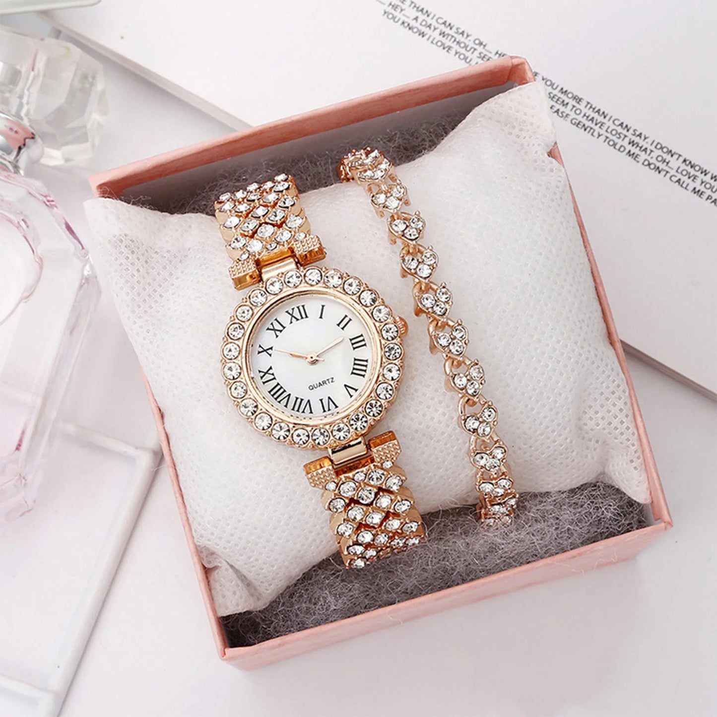 Rose Gold Watch Luxury Rhinestone Fashion Women Ladies Quartz 2pcs Elegant Diamond Wristwatch Female Bracelet Set Gift Watches