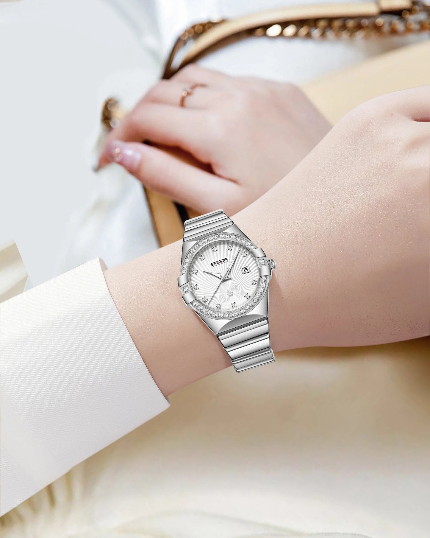 SANDA1147 Luxury Women's Quartz Watch with Mother of Bell Dial and Diamond studded Steel Strip 3ATM Waterproof Fashion Watch -1